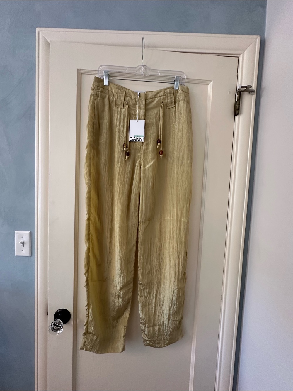 GANNI Shiny Tech Straight Leg Beaded Tie Trouser Pants Leek Green 38 NWT